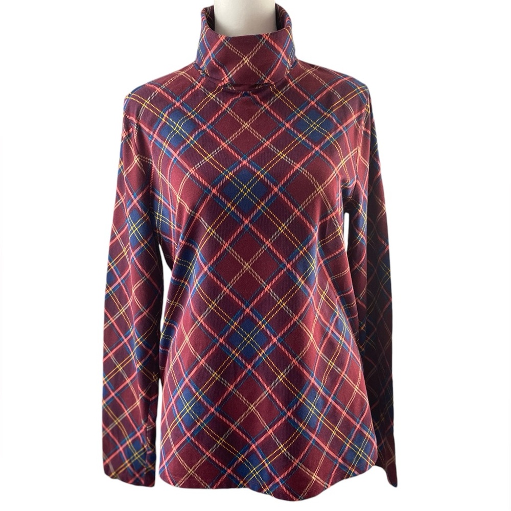 🎁 TALBOTS Tee Turtleneck Long Sleeves Sz L Argyle Plaid of Cranberry & Blue